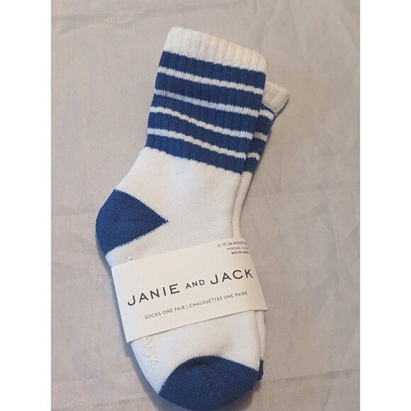 NWT Janie and Jack socks kids shoe size 12 - 24 M white blue stripe crew 1 pair - Picture 1 of 9